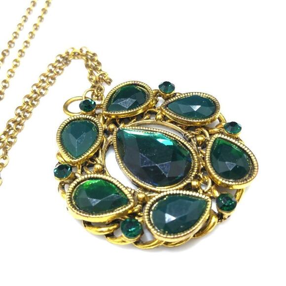 Emerald Green Rhinestone Pendant Necklace, 34 Inch Rustic Gold Tone Chain - Picture 7 of 7